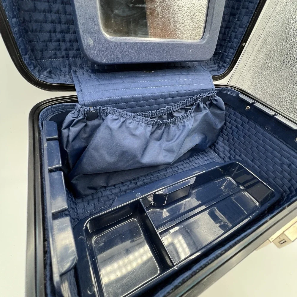 Blue Tweed Cloth Vanity Train Travel Case Inside Tray Pop-up Mirror